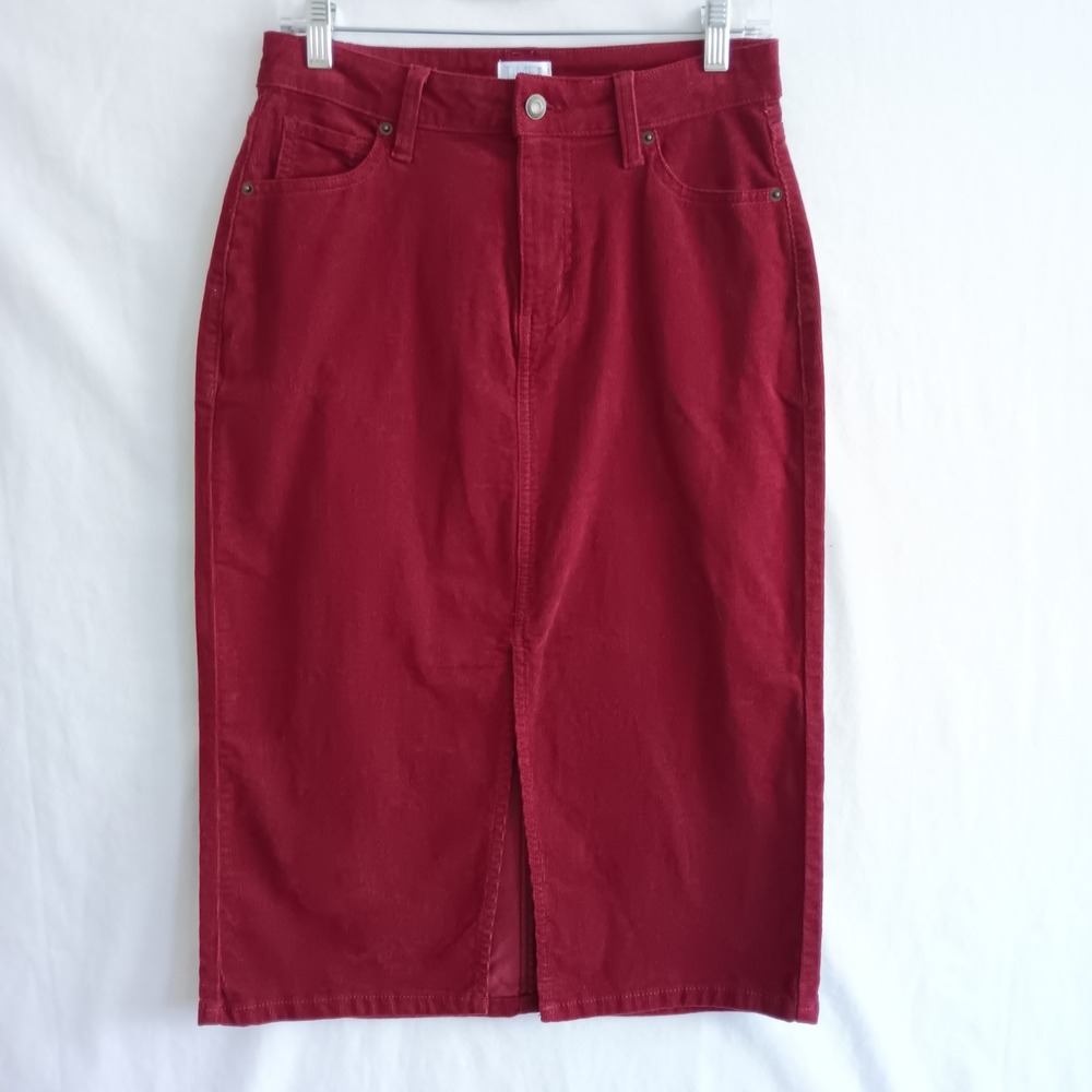 Time and Tru Corduroy Skirt Women 4 Maroon Excellent Midi Front Slit Straight